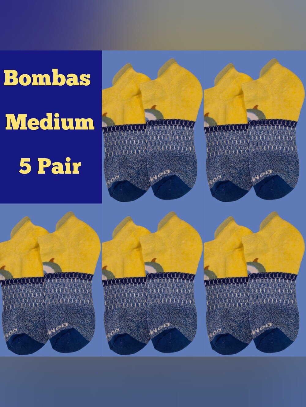 Bombas Medium Ankle Socks Blue Yellow 5 Pair BNWT Unisex Honeycomb Arch Support